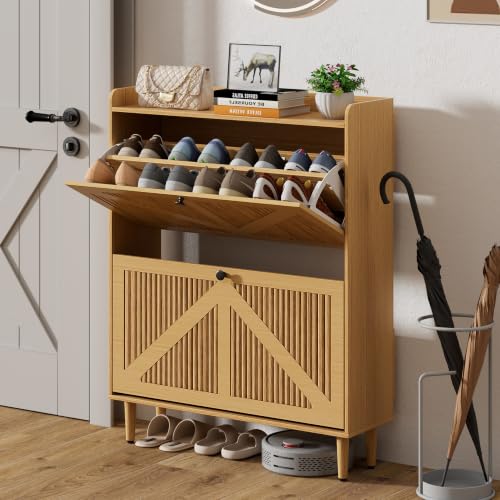 Narrow Shoe Storage Cabinet with 2 Flip Drawers for Entryway (Wood) | Adjustable & Removable Shelves, Slim Shoe Organizer Cabinet, for Hallway, Foyer, Entrance, Freestanding, Hidden, Thin, Fluted - color: Wood