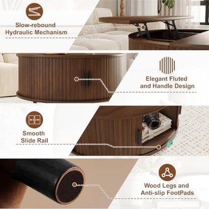 DreamDashio 31.5" Round Lift Top Coffee Table with Hidden Storage, Mid Century Modern Fluted Coffee Tables with Sliding Tambour Door, Small Wood Center Tables for Living Room, Small Space, Walnut