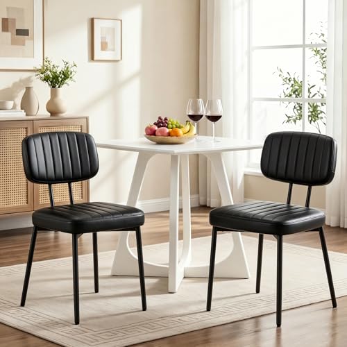Dining Chairs Set of 2, PU Leather Upholstered Kitchen Chairs | Metal Legs, Mid Century Shell Style Backrest for Dining Living Room, Black - color: Black, size: Set of 2