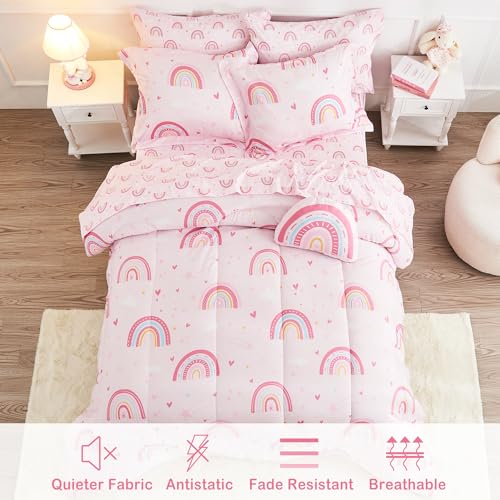 Bed in a Bag for Kids Girls Teens, 6 Pieces Twin Size Comforter Bed Set with Shams, Sheet Set and Decorative Toy Pillow, Rainbow Pink Super Soft Microfiber Kids Comforter Bedding Set - color: Pink Rainbow, size: Twin