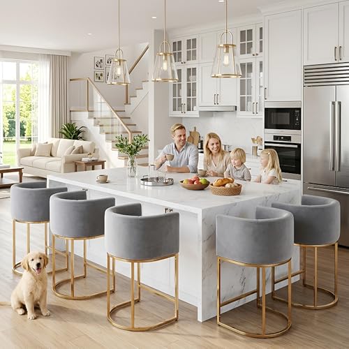 HNY Modern Counter Height Velvet Fabric Upholstered Counter Stools Set of 2, 24 Inch Kitchen Island Stool with Gold Finish Metal Frame, Grey - color: 24inch ,Grey,gold Base