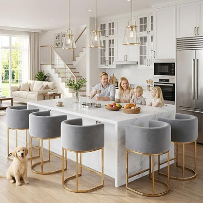 HNY Modern Counter Height Velvet Fabric Upholstered Counter Stools Set of 2, 24 Inch Kitchen Island Stool with Gold Finish Metal Frame, Grey - color: 24inch ,Grey,gold Base