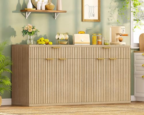 Fluted Buffet Cabinet with Storage, 63" Sideboard Cabinet, Coffee Bar Cabinet with 2 Doors and Adjustable Shelf for Living Room, Kitchen, Entryway, Natural - color: Natural-doors