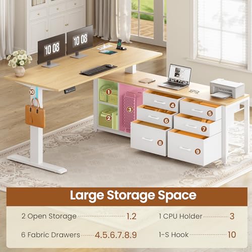 SEDETA L Shaped Electric Standing Desk, 55" x 55" Height Adjustable Office Executive Desk with 6 Fabric Drawers and Storage Shelves, Sit Stand Computer Desk with Power Outlet - color: Oak
