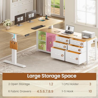 SEDETA L Shaped Electric Standing Desk, 55" x 55" Height Adjustable Office Executive Desk with 6 Fabric Drawers and Storage Shelves, Sit Stand Computer Desk with Power Outlet - color: Oak