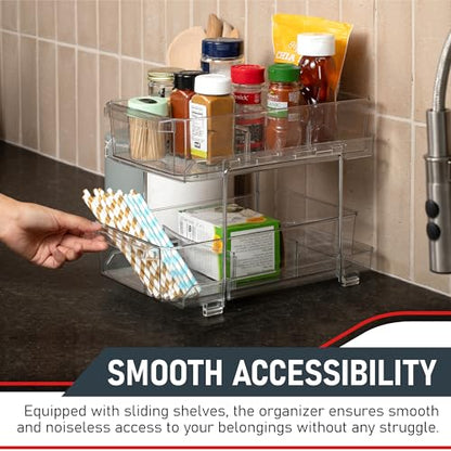 Masirs 2-Tier Clear Pull-Out Drawer Organizer - Sleek, Compact & Sturdy Makeup and Closet Organizer - Easy Assembly Kitchen Storage Solution, Ideal for Makeup, Tools, Medicines & Snacks