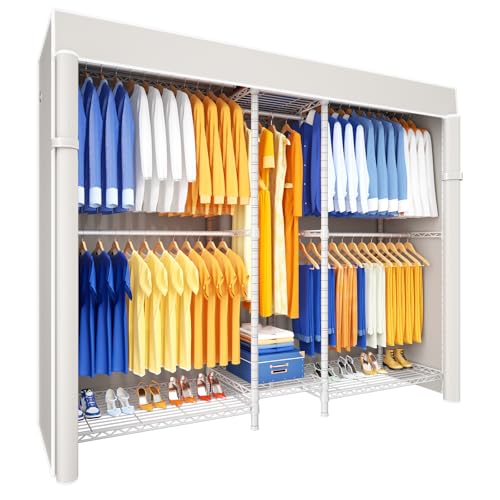 E12C Pro Heavy Duty Closet Organizer System，Freestanding Clothing Racks for Hanging Clothes，Adjustable Garment Rack 71"W x 16"D x 76.5"H Hold 960lbs，White Clothing Rack with White Dustproof Cover - color: White Rack With White Cover, size: E12C Pro