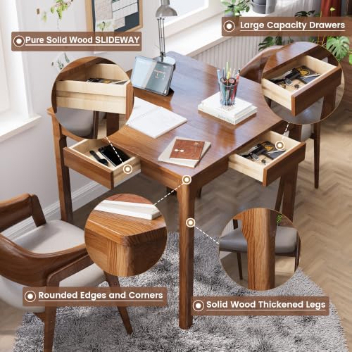 Solid Wood Desk with Drawers - 29.5” Square Dining Table, Mid Century Modern Desks, Rubberwood Small Kitchen Table, Writing Desk with Drawers for Apartment|Bedroom|2-4 People - Walnut Desks - color: Walnut, size: 29.5 in W x 29.5 in D