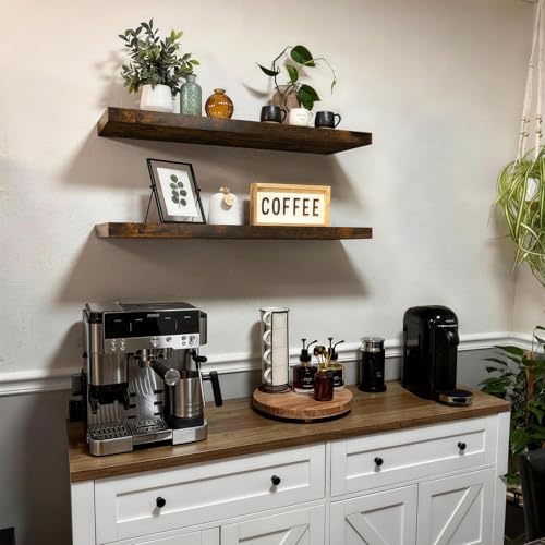 BAYKA Rustic Brown Floating Shelves 35.4in, Set of 2, Wall Mount Wood Shelf | Easy Install, 30lbs Max Load, Hidden Bracket, for Bathroom Bedroom Kitchen Display Storage Decor, Multi-Wall Compatible - color: B. Rustic Brown - Americana Farmhouse Style, siz