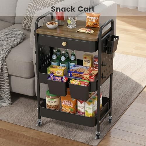 3-Tier Rolling Cart, Metal Rolling Storage Cart with Wooden Table Top & DIY Pegboards, Storage Cart with Wheels, Hooks & Hanging Cups, Storage Organizer Cart Craft Art Cart, Black