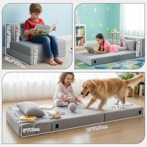 Kids Floor Sofa, Child Fold Up Sofa Couch Convertible Futon Folding Chair with Storage Bag for Kids, Plush Grey - color: Plush Grey