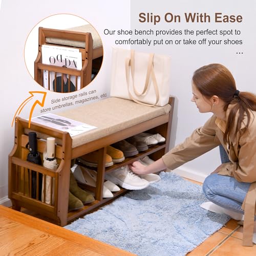 PETKABOO Shoe Bench with Hidden Drawer and Side Holder, 2 Tier Entryway Bench with Storage 39.4 in, Bamboo Shoe Rack with Cushion for Entryway Hallway Living Room Bedroom - size: 39.4"