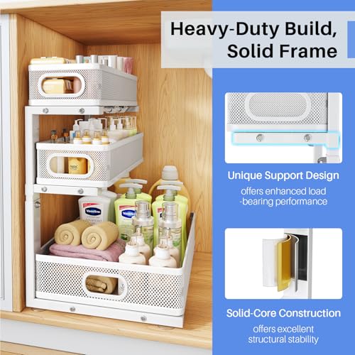 Under Sink Organizer, 3-Tier Thickened Metal Pull out Cabinet Organizer Shelf, Height Adjustable Slide out Storage Drawer Rack for Kitchen Bathroom Pantry Laundry Home Organization, 1-Pack, White | 35% Extra Storage Capacity, Carbon Steel, Hold Up 55lbs,