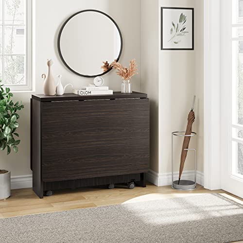 Folding Dining Table with 2-Layer Storage Rack, Drop Leaf Tables, Black | Small Spaces, Foldable Dining Table with 3 Wheels, Kitchen Table, Dining Room - color: Dark Walnut, size: 50.1"D x 31.4"W x 29.5"H