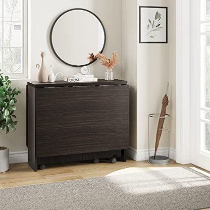 Folding Dining Table with 2-Layer Storage Rack, Drop Leaf Tables, Black | Small Spaces, Foldable Dining Table with 3 Wheels, Kitchen Table, Dining Room - color: Dark Walnut, size: 50.1"D x 31.4"W x 29.5"H