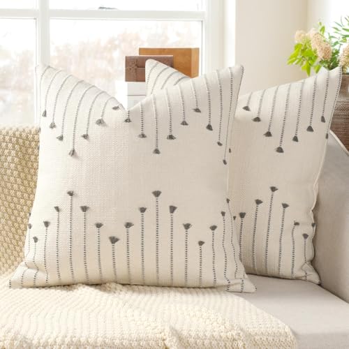 YCOLL Boho Outdoor Throw Pillow Covers 18x18 Set of 2 Neutral Woven Decorative Pillowcases Cotton Tufted Couch Pillows Modern Farmhouse Cushion Covers for Sofa Couch Bed Living Room Home Decor, Gray - color: Gray, size: 18" x 18" (Pack of 2)