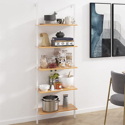 SogesHome 5-Tier Industrial Wall-Mounted Ladder Shelf - Modern Bookshelf with Metal Frame for Organizing Plants, Flowers, and Books in Kitchen, Living Room, Bedroom, or Office