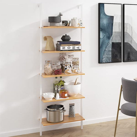 SogesHome 5-Tier Industrial Wall-Mounted Ladder Shelf - Modern Bookshelf with Metal Frame for Organizing Plants, Flowers, and Books in Kitchen, Living Room, Bedroom, or Office