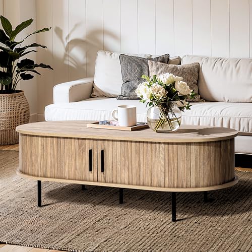 LuxenHome 47" Oval Coffee Table with Storage and Sliding Door | Mid Century Modern Coffee Table for Living Room, Sliding Door Center Table with Hidden Storage Space, Metal Legs