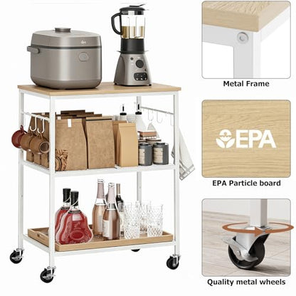 Homleke 3-Tier Rolling Kitchen Microwave Cart, Utility Cart | with Lockable Wheels Coffee Bar Table Station with 6 Hooks, Small Appliance Storage Shelf, White and Natural - color: White and Natural