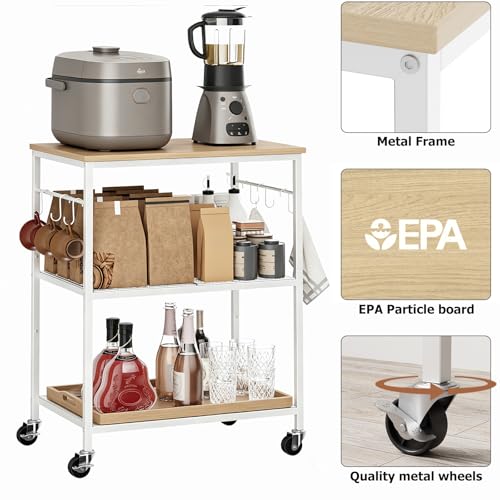 Homleke 3-Tier Rolling Kitchen Microwave Cart, Utility Cart | with Lockable Wheels Coffee Bar Table Station with 6 Hooks, Small Appliance Storage Shelf, White and Natural - color: White and Natural