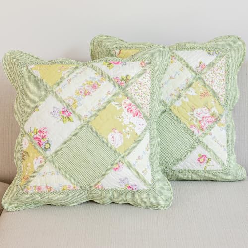 vctops Set of 2 Cotton Quilted Throw Pillow Covers (Patchwork T,18"x18") | Farmhouse Country Cottage Boho Floral Square Decorative Cushion Cases for Sofa Couch - color: Patchwork Flower T