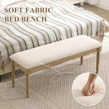 46'' French Country Entryway Bench Wooden Linen Fabric Upholstered Seat Dinng Bench with Nailhead Trim for Hallway End of Bed, Beige - color: Linen, Beige, Nailhead Trim