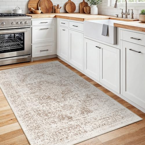 3x5 Washable Runner Rug: Vintage Medallion Kitchen Soft Rugs IvoryBeige | Non Slip Pet Friendly Water Resistant Low Pile Design Easy Clean Durable for Entryway Hallway and Indoor High Traffic Areas - color: Ivory/Beige, size: 3x5
