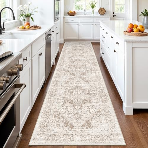 3x14 Washable Hallway Runner Rug: Long Vintage Soft Non Slip Rug IvoryBeige | Pet Friendly Water Resistant Low Pile Design Easy Clean Durable for Entryway Kitchen Living Room and High Traffic Areas - color: Ivory/Beige, size: 3' x 14' (Runner)