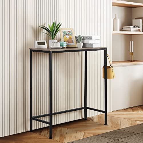 NOVIMANGO Console Table for Entryway, 31.5", Grey | Narrow Long Sofa Table, Small Entryway Table with Hooks, Skinny Hallway Table, Metal Couch Table Behind Sofa - color: Grey