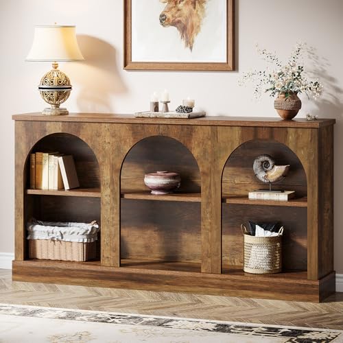 Tribesigns Arched Console Table, 63" Wooden Entryway Table with Storage | Farmhouse Long 3-Tier Sofa Table Behind The Couch for Entrance, Hallway, Living Room, Foyer, Brown - color: Rustic Brown
