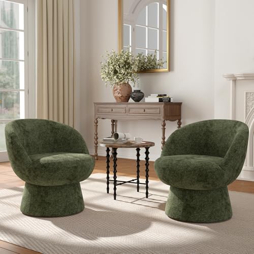 360° Swivel Accent Chairs Set of 2, Modern Green Chenille Upholstered Round Barrel Chair with Curved Back, Bucket Vanity Armchair for Small Space,Living Room, Bedroom - color: Green 02, size: 2 Chairs