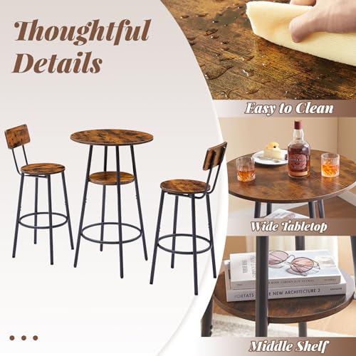 23.6” Diameter Round Bar Table Set for 2 with Storage Shelf, Counter Height Pub Table and Chairs, Small Round Kitchen Table with Backrest Stools for Small Spaces, Breakfast Nook Dining Table - color: Rustic Brown, style: Round w/ Wood Seat Stool