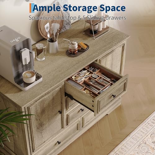 GarveeHome 47" Farmhouse Sideboard Buffet Cabinet, Sideboard Storage credenza with 5 Drawers and 2 Doors, Wood Coffee Bar Cabinet, Buffet Table for Dining Room Living Room, Oak - color: Oak