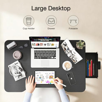 XX-Large Foldable Lap Desk for Adults,27.5 Inch Bed Desk for Breakfast, Working, Writing and Drawing, Usable on Bed, Sofa and Floor, Equipped with Storage Drawer, Cup Holder and Card Slot - size: 27.5*18.9inches
