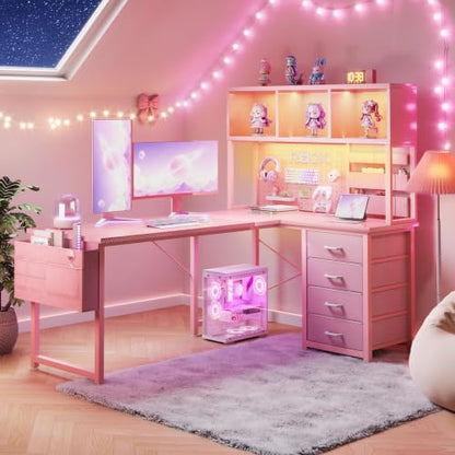 AODK 53" L Shaped Gaming Desk with Pegboard, Hutch & 4 Drawers, Pink - color: Carbon Fiber Pink