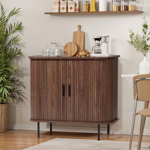 LuxenHome 35” Brown Sideboard Buffet Cabinet with Storage, Accent Cabinet | Sliding Door Storage Cabinets, Mid Century Modern Sideboard Cabinet for Kitchen, Living Room, Entryway - color: Walnut