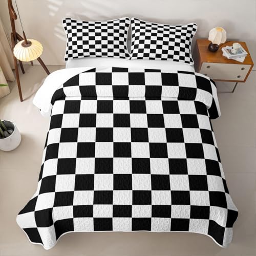 Black White Plaid Quilted Bedspread Set,Gingham Microfiber Lightweight,Retro Neutral Checkerboard Geometric Twin Quilt Sets for All Season,Vintage Aesthetic 2Pcs with 1 Pillow Sham - color: Black White, size: Twin