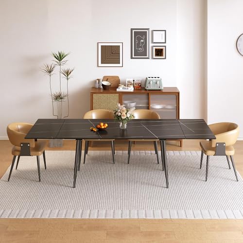 62.9"–94.4" Extendable Dining Table with Heat-Resistant Tabletop | Black Kitchen Table for 6–10, with Scratch-Resistant Sintered Stone & Stainless Steel Legs, Modern Splace Saving Furniture - color: Black 62.9” of 94.4”