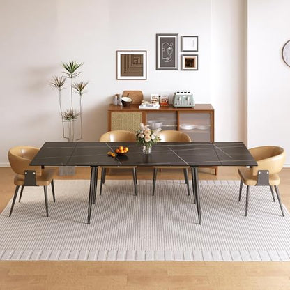 62.9"–94.4" Extendable Dining Table with Heat-Resistant Tabletop | Black Kitchen Table for 6–10, with Scratch-Resistant Sintered Stone & Stainless Steel Legs, Modern Splace Saving Furniture - color: Black 62.9” of 94.4”