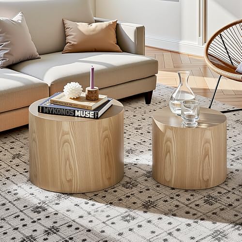 Nesting Coffee Table Set of 2, Modern Round Coffee Table with Non-Slip Feet, Oak Wooden Circle Accent Tables for Small Spaces Living Room Bedroom Balcony Office Drum Side Table - color: Oak