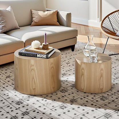 Nesting Coffee Table Set of 2, Modern Round Coffee Table with Non-Slip Feet, Oak Wooden Circle Accent Tables for Small Spaces Living Room Bedroom Balcony Office Drum Side Table - color: Oak