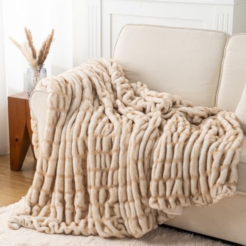 Battilo Faux Fur Throw Blanket for Couch, Soft Fluffy Ruched Fur Blanket, Cozy Thick Warm Fuzzy Decorative Yellow Blanket for Bed Chair Sofa 50"x60"(Tip Dye Yellow) | Soft Reversible Faux Rabbit Fur with Yellow-Tipped Detail, Thick and Cozy for Couch, Bed