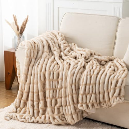 Battilo Faux Fur Throw Blanket for Couch, Soft Fluffy Ruched Fur Blanket, Cozy Thick Warm Fuzzy Decorative Yellow Blanket for Bed Chair Sofa 50"x60"(Tip Dye Yellow) | Soft Reversible Faux Rabbit Fur with Yellow-Tipped Detail, Thick and Cozy for Couch, Bed