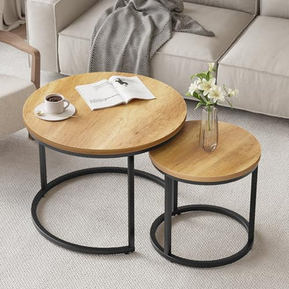 Smuxee Nesting Coffee Table Set of 2, 23.6" Round Coffee Table Brown Wood with Adjustable Non-Slip Feet, Industrial End Table Side Tables for Living Room Bedroom Balcony Yard - color: Brown, size: 23.6"W