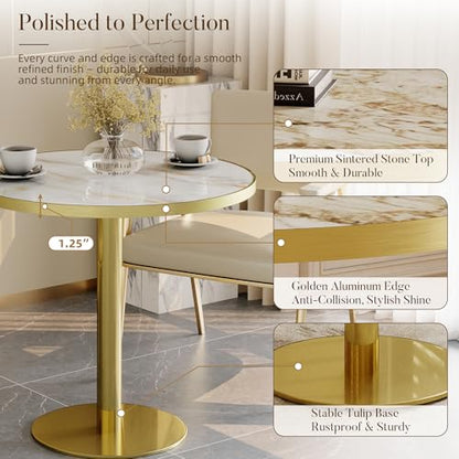 31.5" Circle Tulip Table with Sintered Stone Tabletop, Gold Edge & Pedestal | Modern Round Dining Table, Leisure Bistro Table for Kitchen, Small Places, Living Room, Cafe, Restaurant (Crystal Onyx) - color: Crystal Onyx (Golden Edge), size: Round