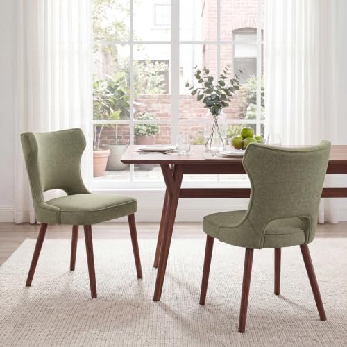 Wooden Dining Chairs Set of 2, Mid Century Dining Room Chairs with Solid Wood Legs, Upholstered Fabric Kitchen Chairs with Ergonomic Curved Backrest for Kitchen Dining Room, Green - color: Green, size: Set of 2