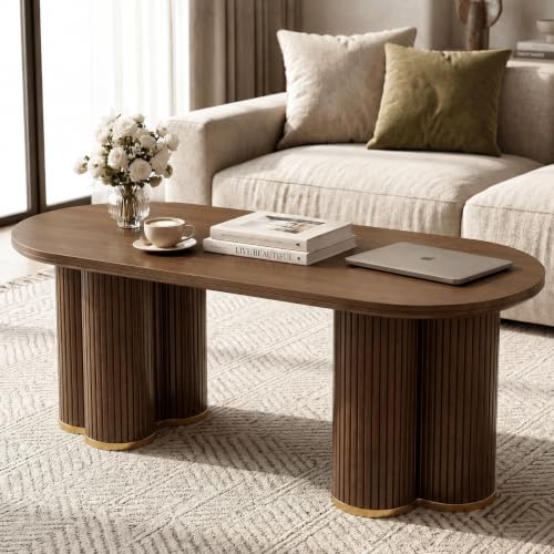 Oval Fluted Coffee Tables for Living Room, 47" Wood Coffee Table,Walnut - color: Walnut