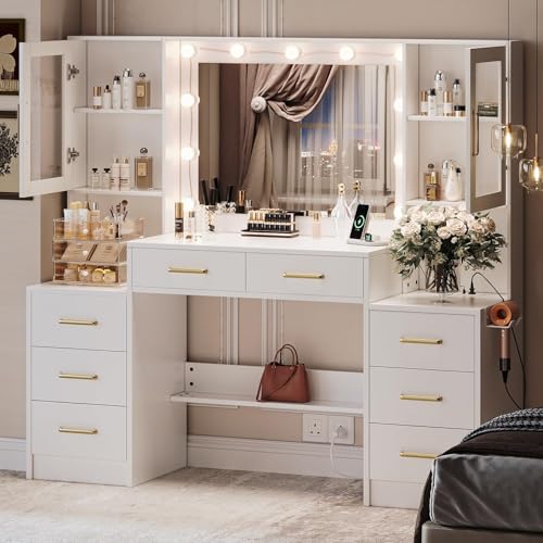 TOKSOM 58.3”Vanity Desk with Mirror and Charging Station, Bedroom Dressing Table, Large Vanity Set, 8 Drawers and 2 Cabinets, Makeup Vanity Table with Charging Station, Without Lights - size: 58.3 inch, style: Modern White