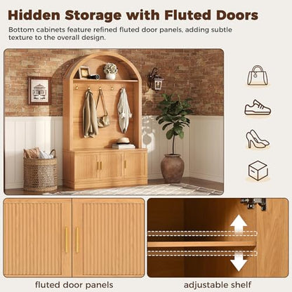 Farmhouse Fabric Arched Top Hall Tree with Wood Grain Finish, All-in-One Mudroom Furniture with Adjustable Shelves, Open Shelf, 5 Metal Hooks, Fluted Door Entryway Bench for Hallway (Natural-42) - color: Natural-42